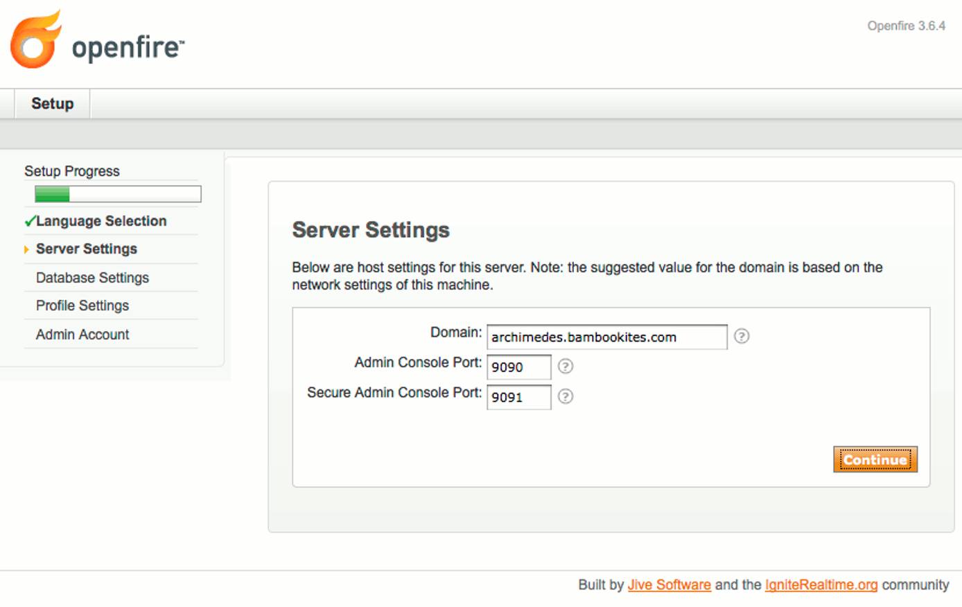 Domain and admin ports selection in Openfire setup on Debian 5 (Lenny).