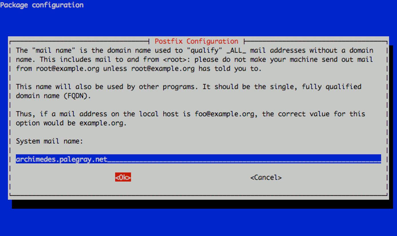 Selecting the Postfix system mail name on a Debian 5 (Lenny) system.